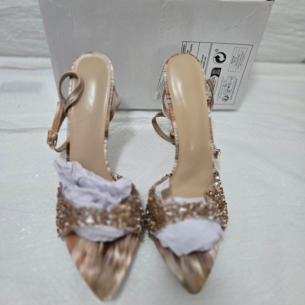 Gold Sequin Pointed Toe Ankle Strap Stiletto Heels 8886-117 Size EUR 40